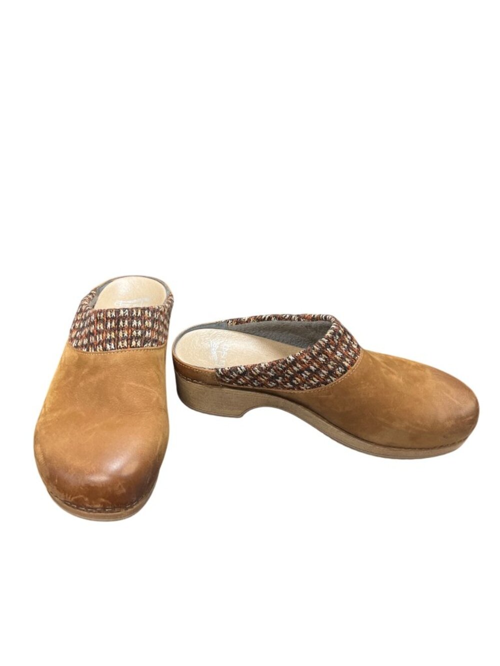 Dansko wms brown leather plaid working nursing mules clogs sz 39/8.5 SKU 10519